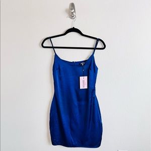 NWT Deep Blue Silk Satin Mini Spaghetti Slip Dress
